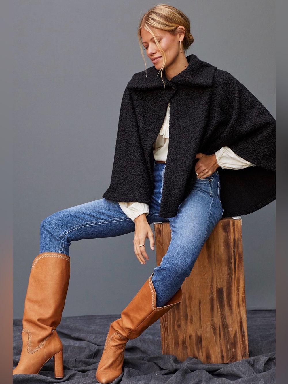 ANTHROPOLOGIE Sherpa Collared Cape Black OS